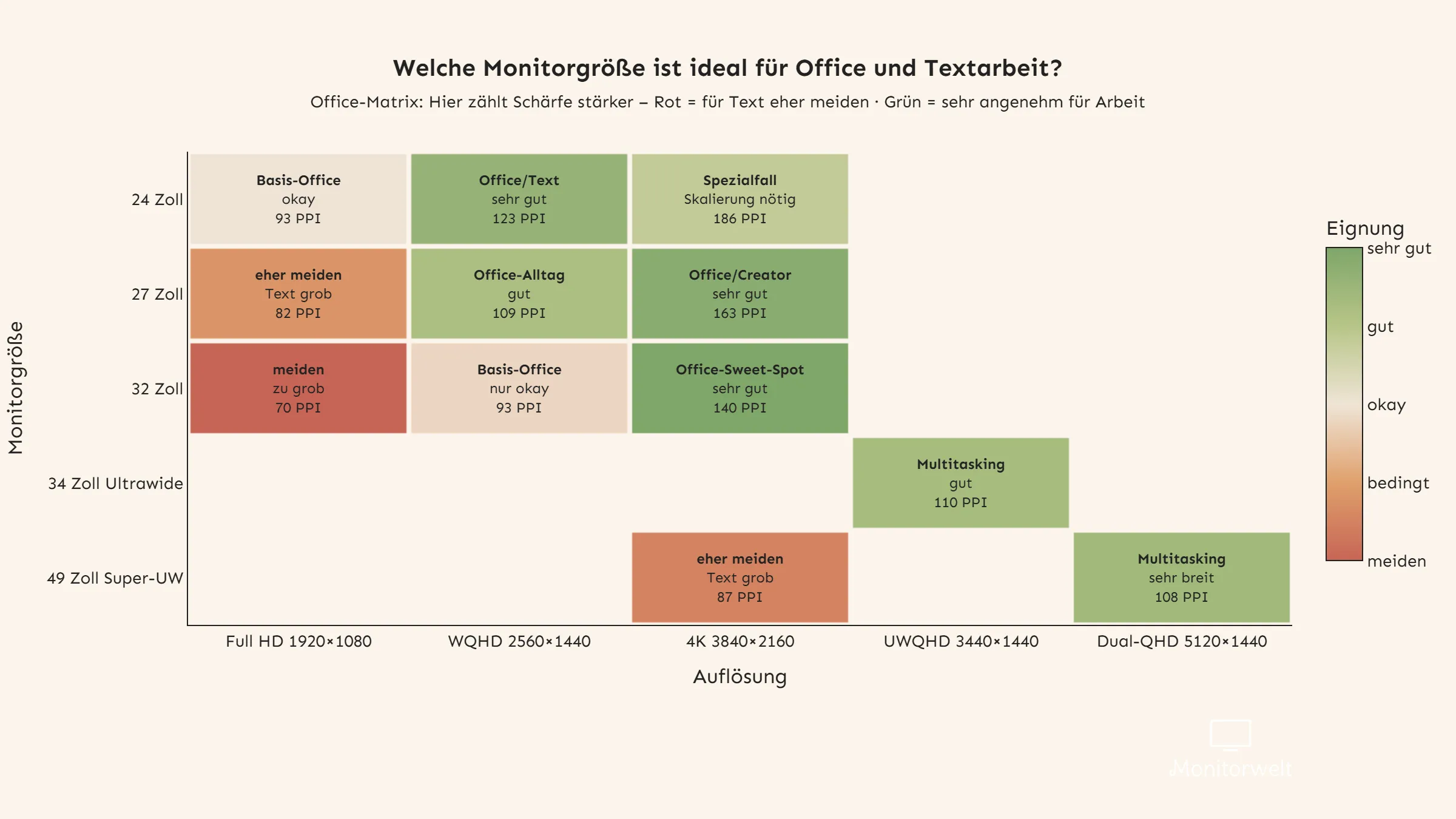 Office-Matrix: Welche Monitorgr&ouml;&szlig;e und Aufl&ouml;sung eignet sich f&uuml;r Textarbeit, Tabellen, Browser, Multitasking und Kreativarbeit?