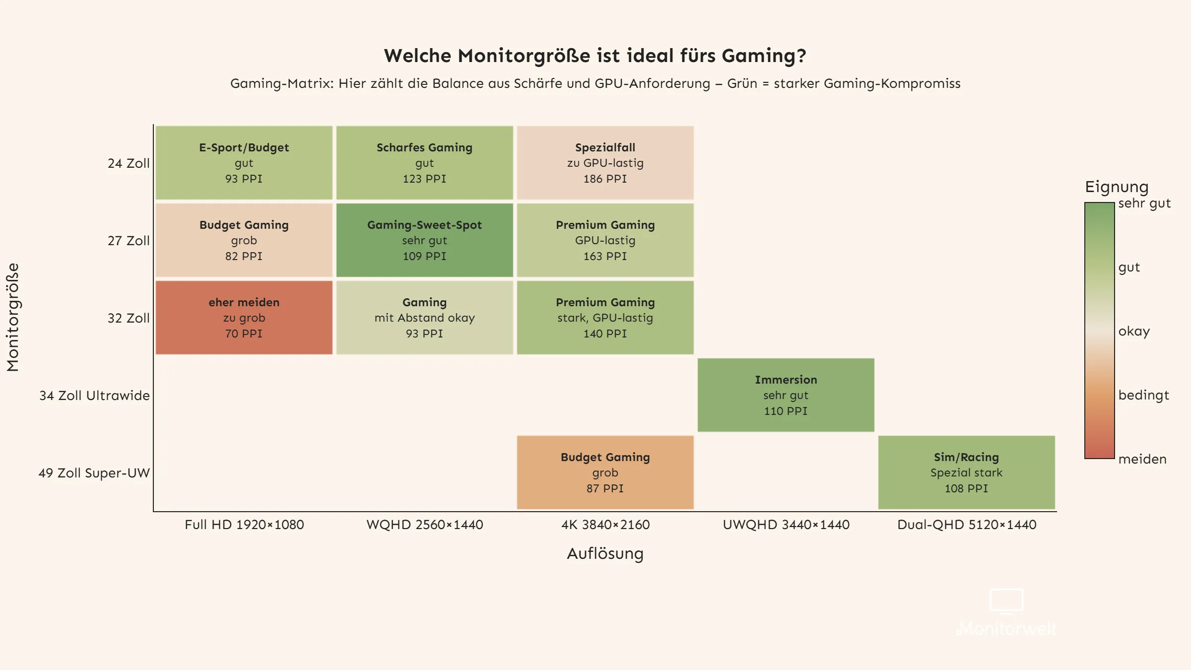 Gaming-Matrix: Welche Monitorgr&ouml;&szlig;e und Aufl&ouml;sung eignet sich f&uuml;r E-Sport, Allround-Gaming, 4K-Gaming, Ultrawide oder Sim-Racing?